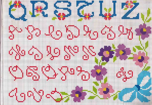 Cross stitch alphabet lowercase and uppercase with primroses flowers (2)