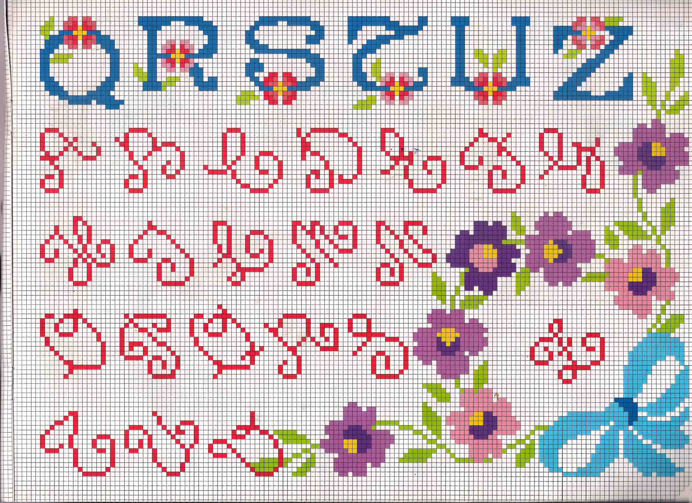 Cross stitch alphabet lowercase and uppercase with primroses flowers (2)