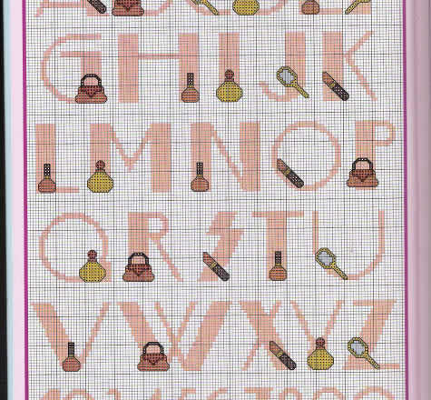 Cross stitch alphabet pink letters with cosmetics