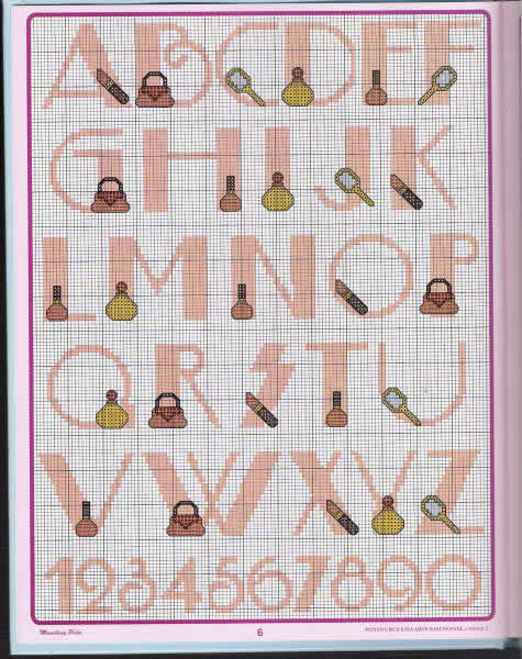 Cross stitch alphabet pink letters with cosmetics