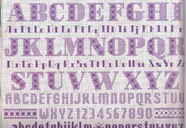 Cross stitch alphabet purple letters lowercase and uppercase