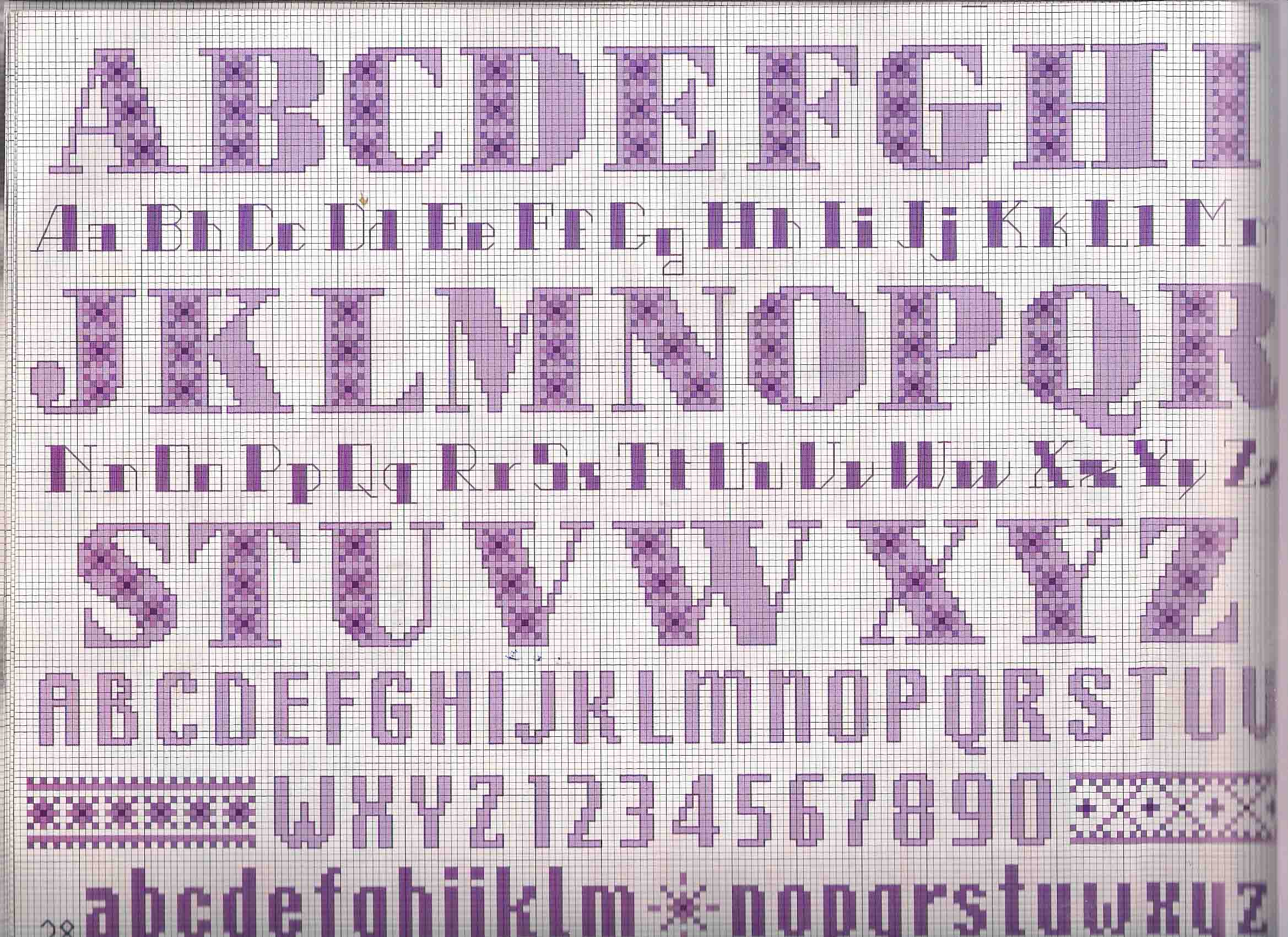 Cross stitch alphabet purple letters lowercase and uppercase