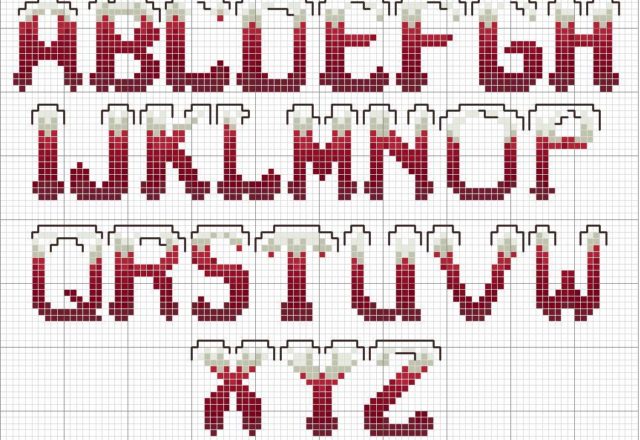 Cross stitch alphabet red snow-capped letters
