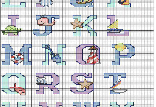 Cross stitch alphabet sea with shells bucket and a ball