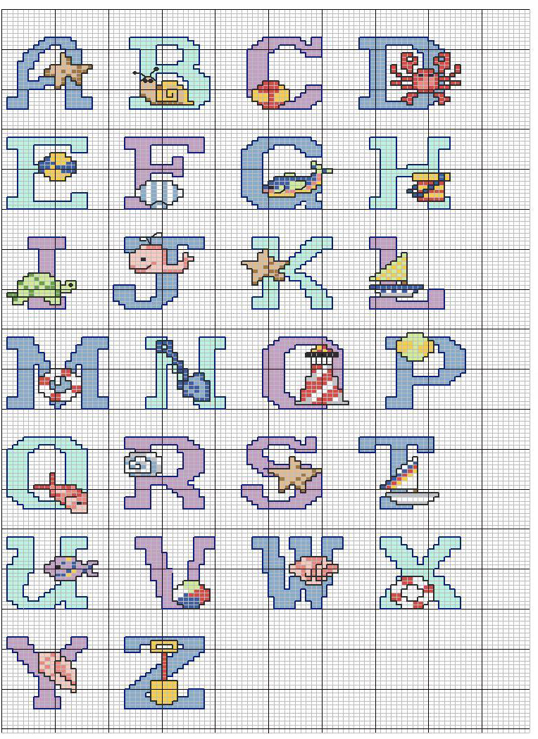 Cross stitch alphabet sea with shells bucket and a ball