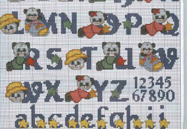 Cross stitch alphabet uppercase and lowercase with a panda
