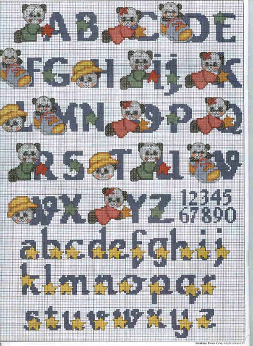 Cross stitch alphabet uppercase and lowercase with a panda