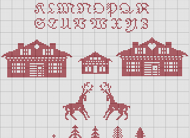 Cross stitch alphabet very nice Christmas with red houses and reindeer