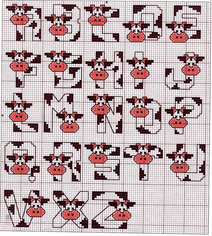 Cross stitch alphabet with a cow