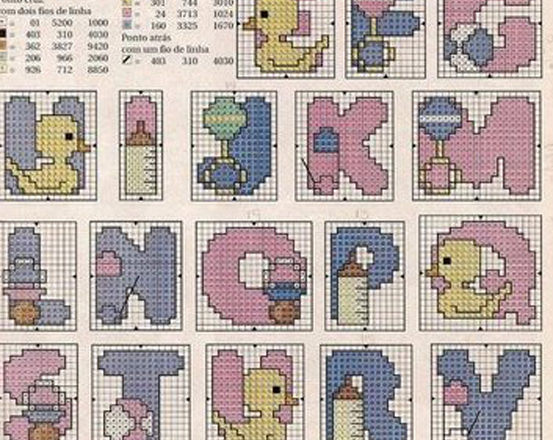 Cross stitch alphabet with a pacifier