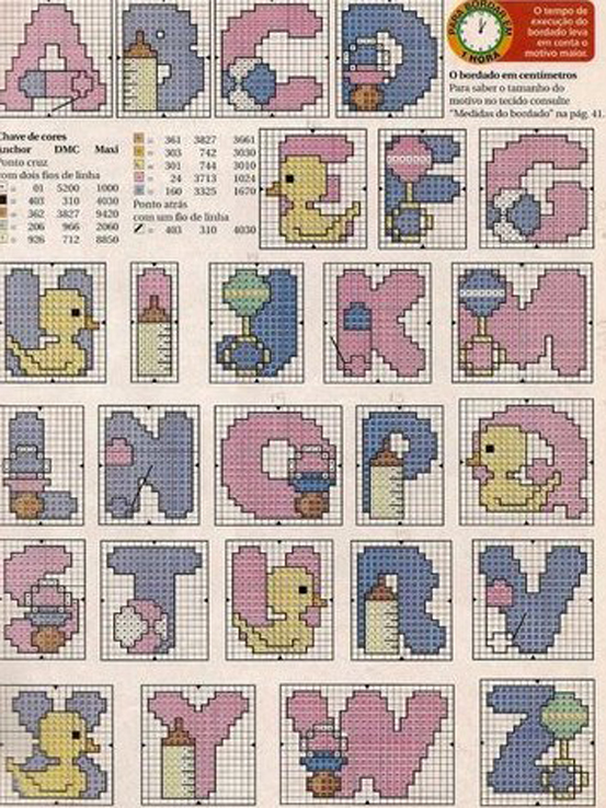 Cross stitch alphabet with a pacifier