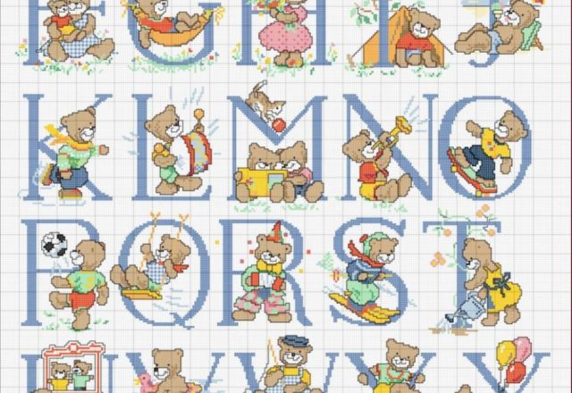 Cross stitch alphabet with baby teddy bears