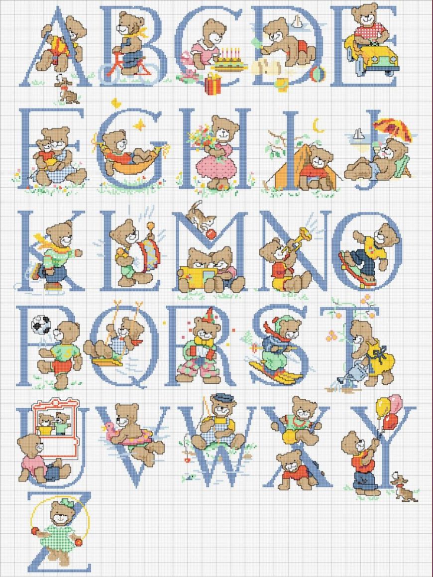 Cross stitch alphabet with baby teddy bears