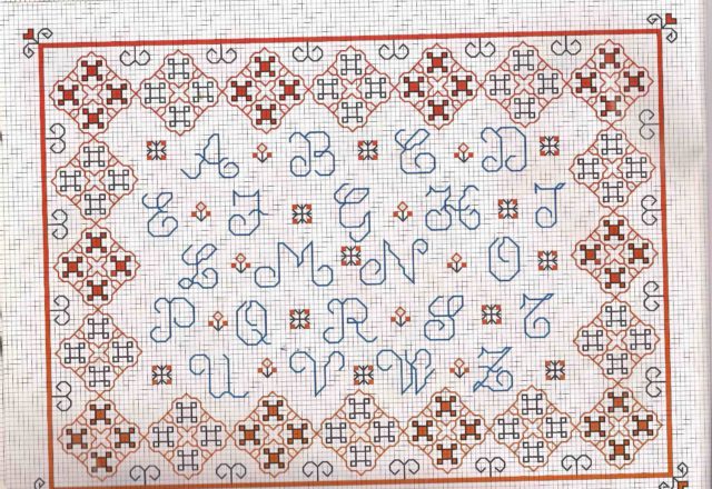 Cross stitch alphabet with carpet pattern