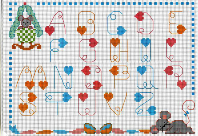 Cross stitch alphabet with colored back stitch