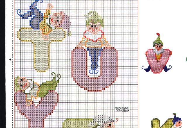 Cross stitch alphabet with elves (5)