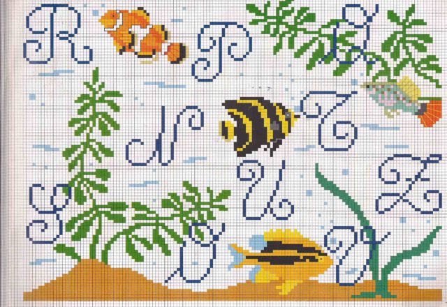 Cross stitch alphabet with exotic fish (2)
