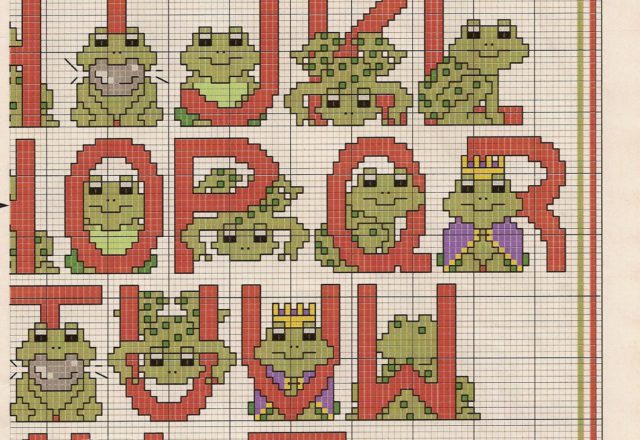 Cross stitch alphabet with frogs (2)
