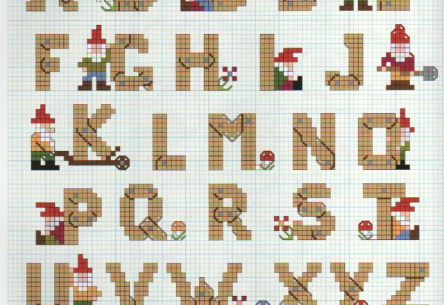 Cross stitch alphabet with gnomes