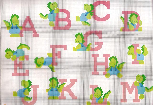 Cross stitch alphabet with green dinosaurs (1)