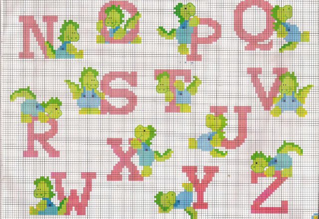Cross stitch alphabet with green dinosaurs (2)