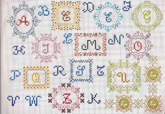 Cross stitch alphabet with letters in colored tiles