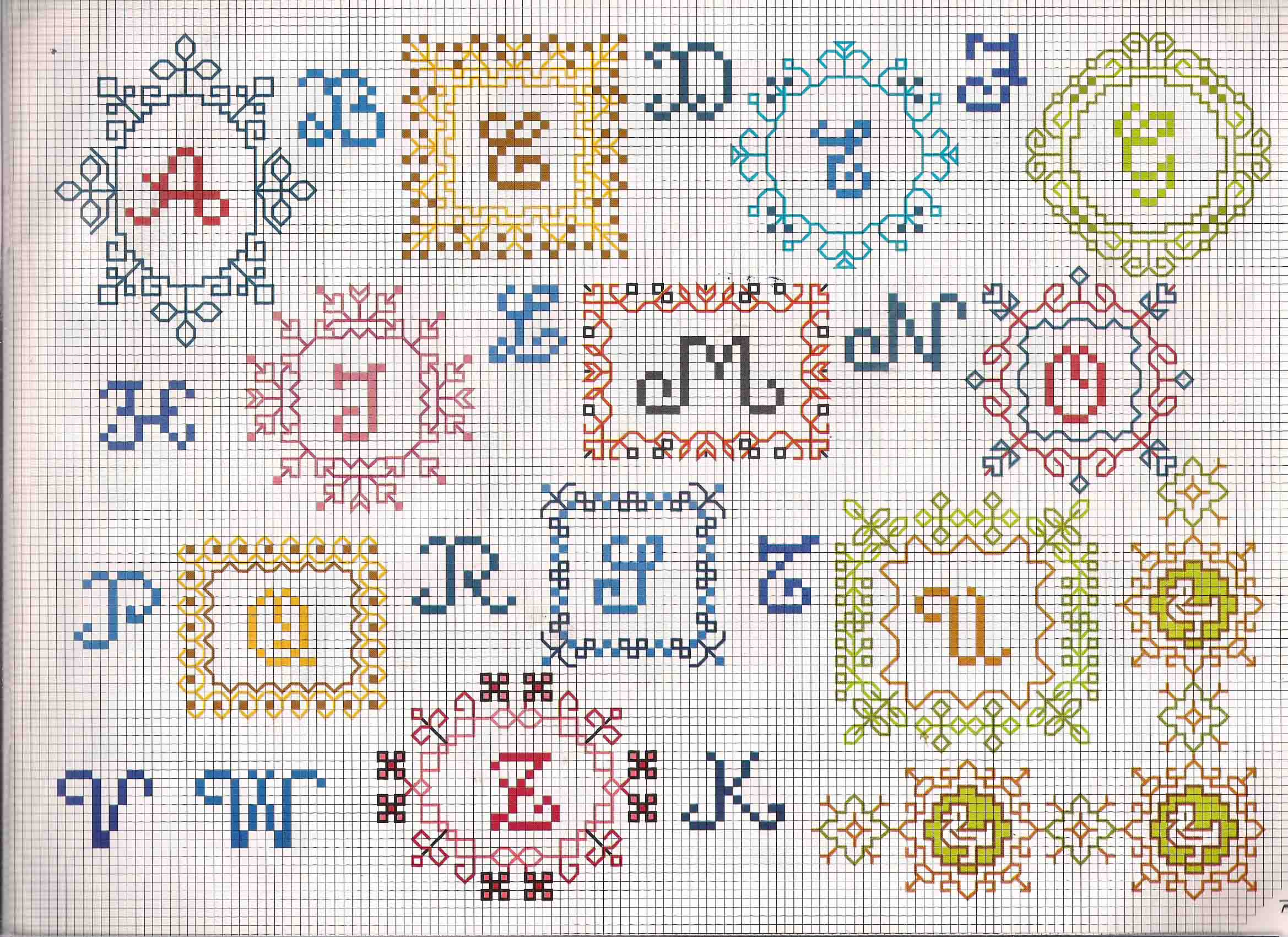 Cross stitch alphabet with letters in colored tiles
