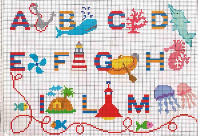 Cross stitch alphabet with marine animals and a diver (1)