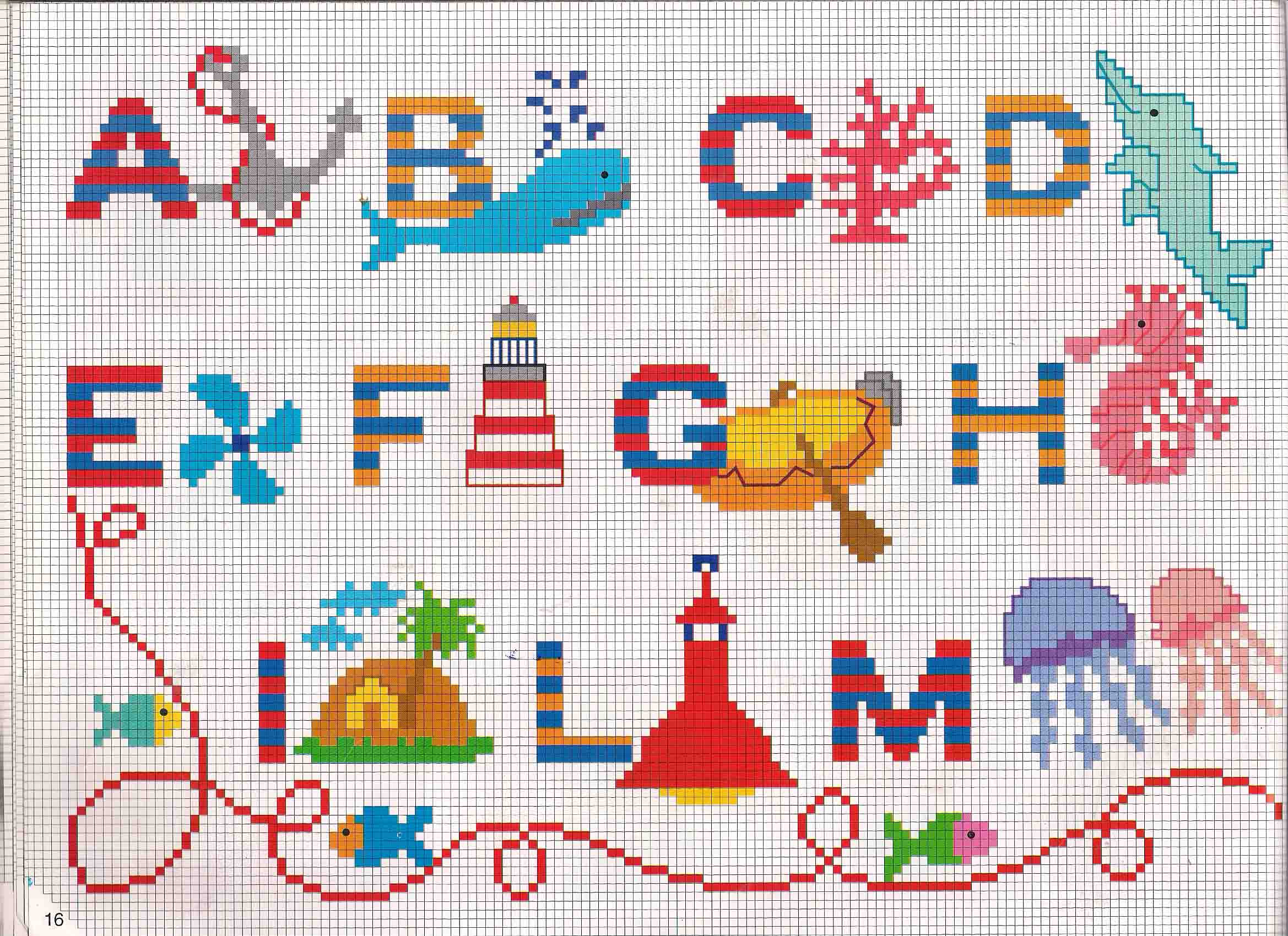 Cross stitch alphabet with marine animals and a diver (1)