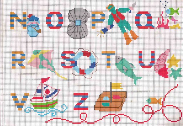Cross stitch alphabet with marine animals and a diver (2)