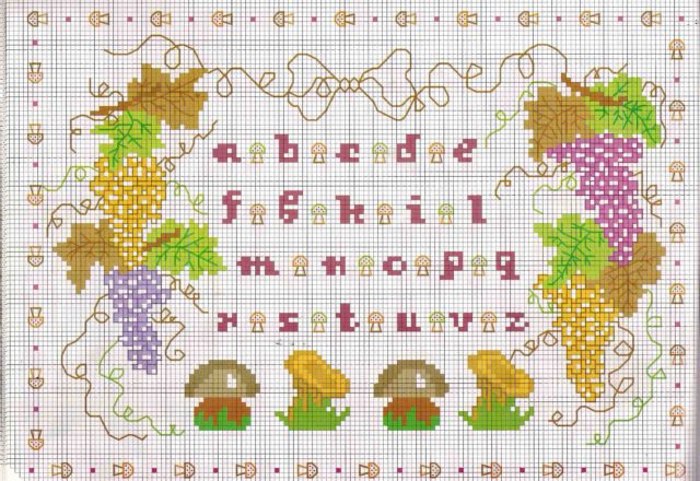 Cross stitch alphabet with mushrooms and grapes
