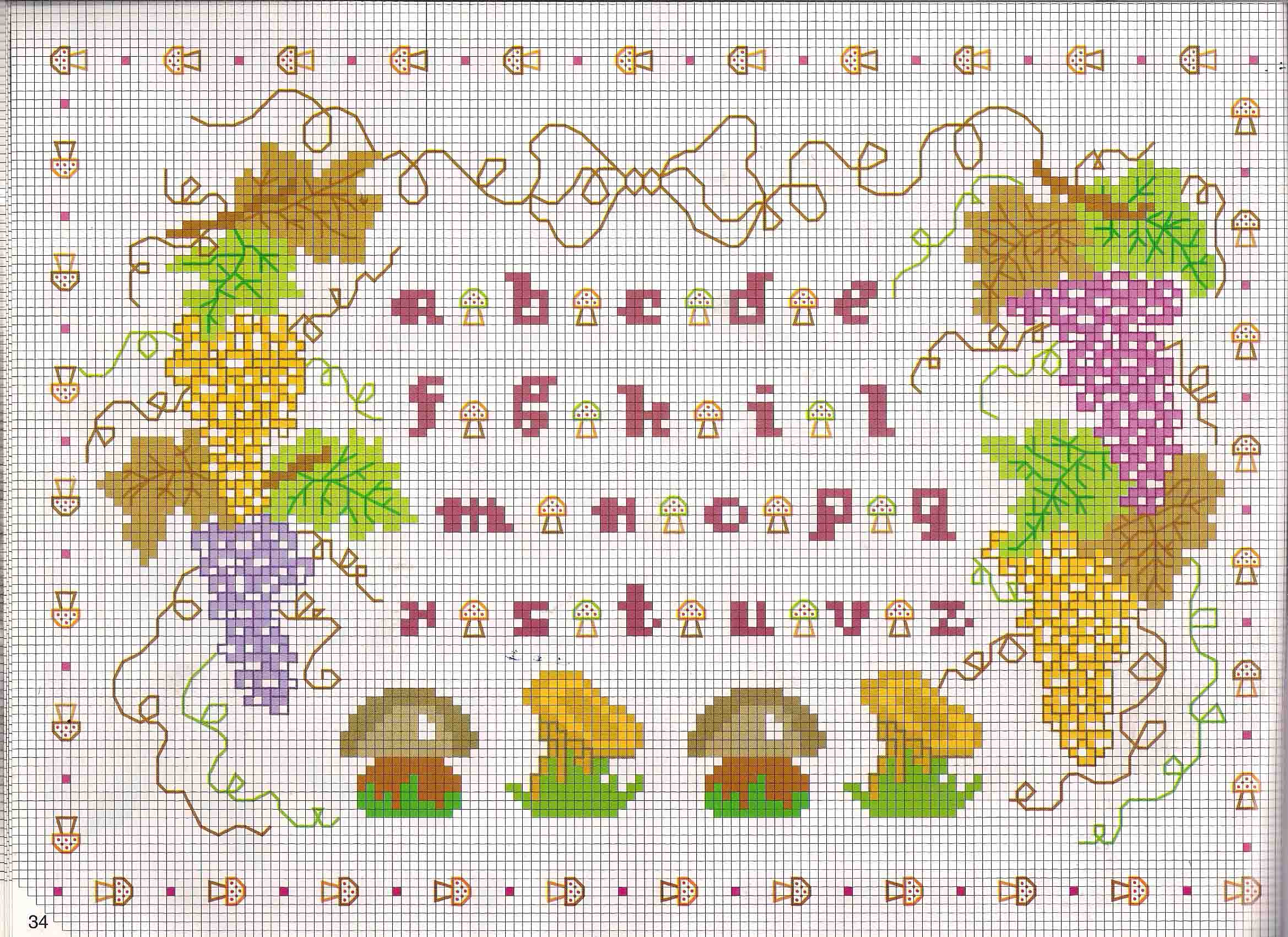 Cross stitch alphabet with mushrooms and grapes