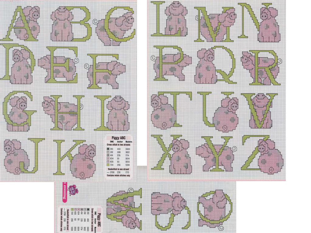 Cross stitch alphabet with pink pigs