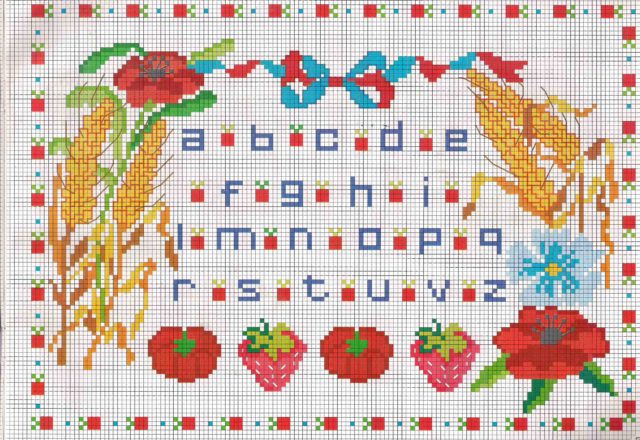 Cross stitch alphabet with poppies wheat and strawberries