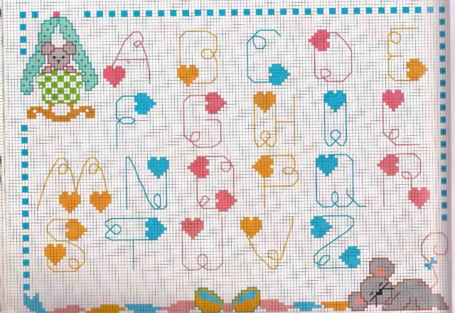 Cross stitch alphabet with rats and hearts