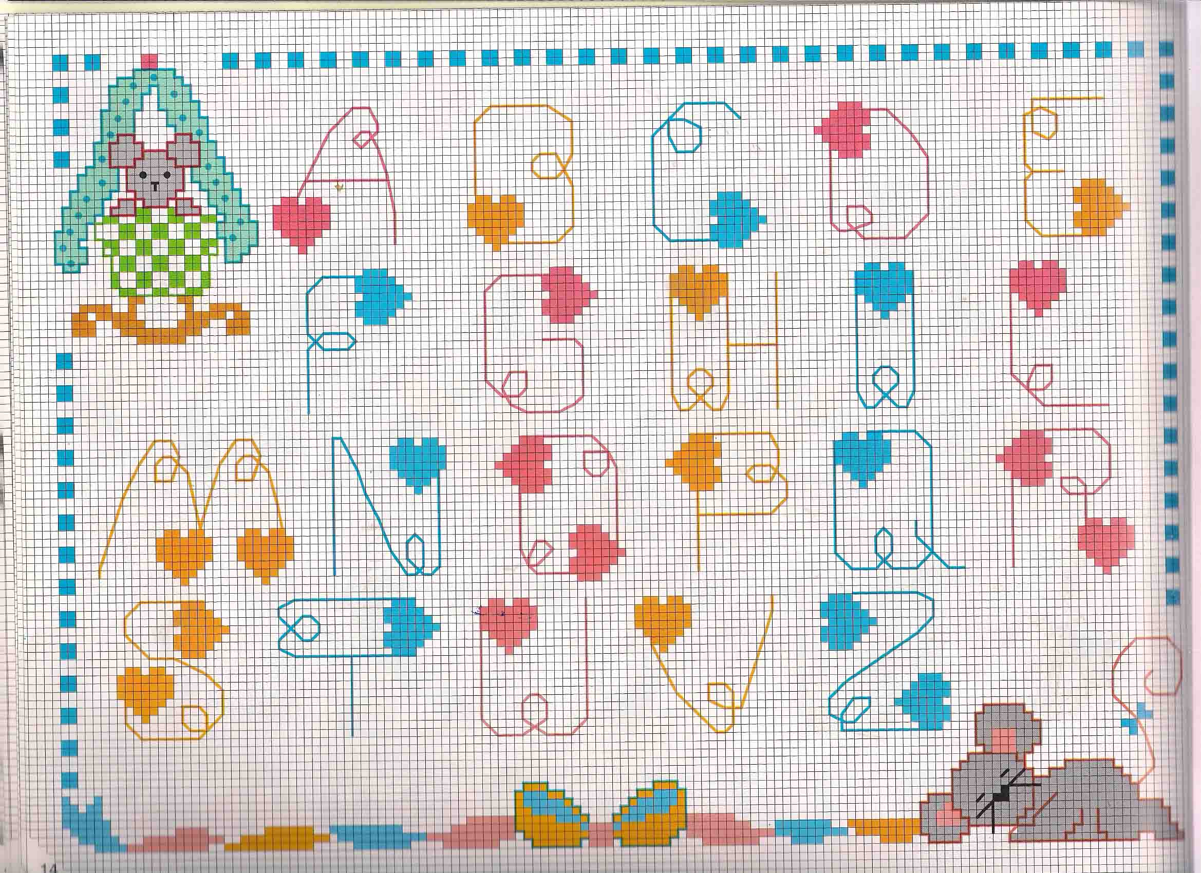Cross stitch alphabet with rats and hearts