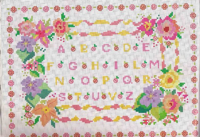Cross stitch alphabet with small roses pink color