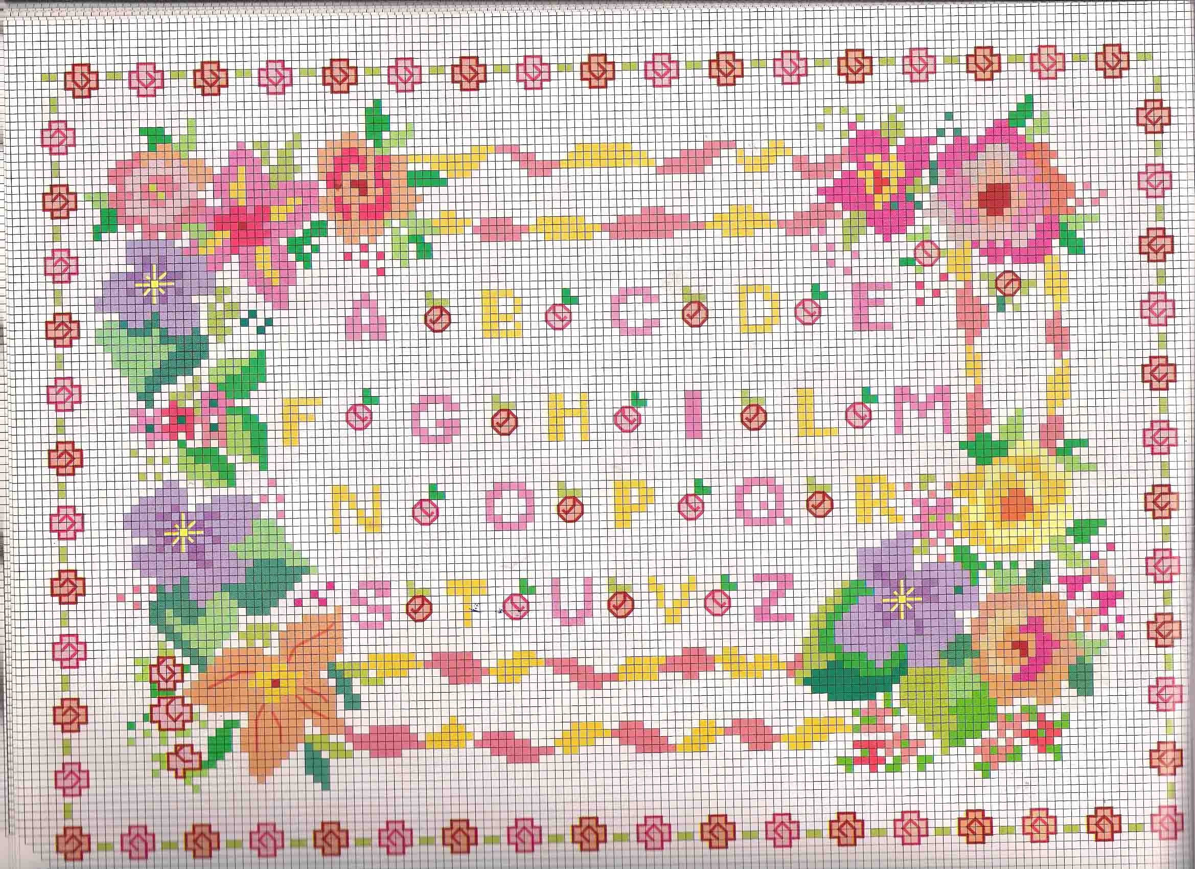 Cross stitch alphabet with small roses pink color