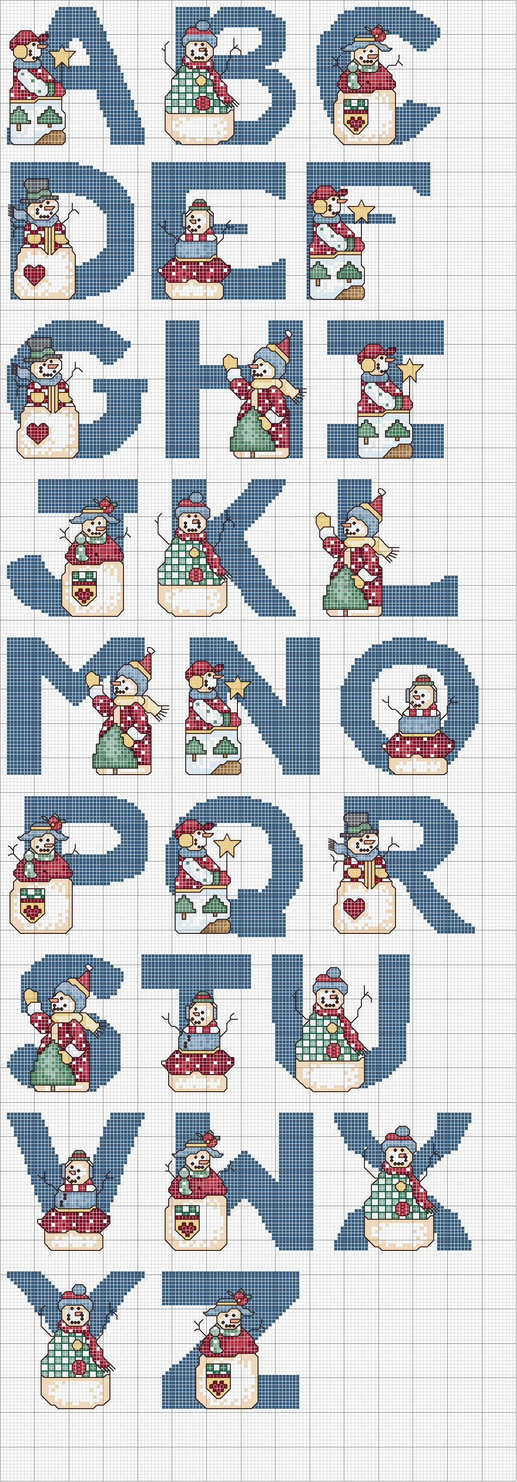 Cross stitch alphabet with snowmen
