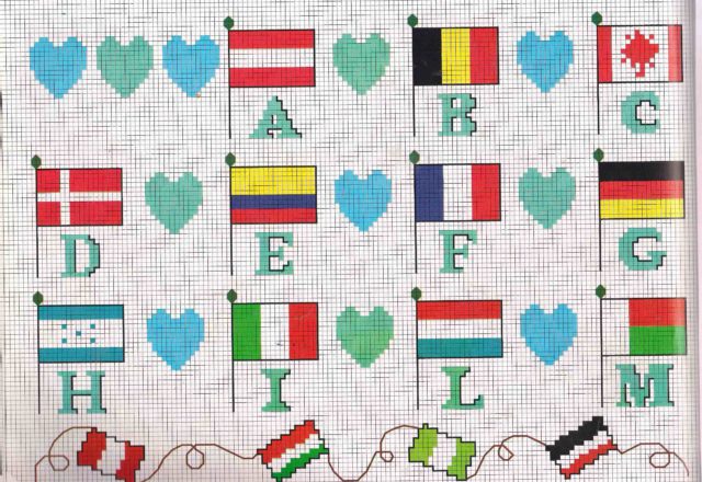 Cross stitch alphabet with the flags of countries (1)