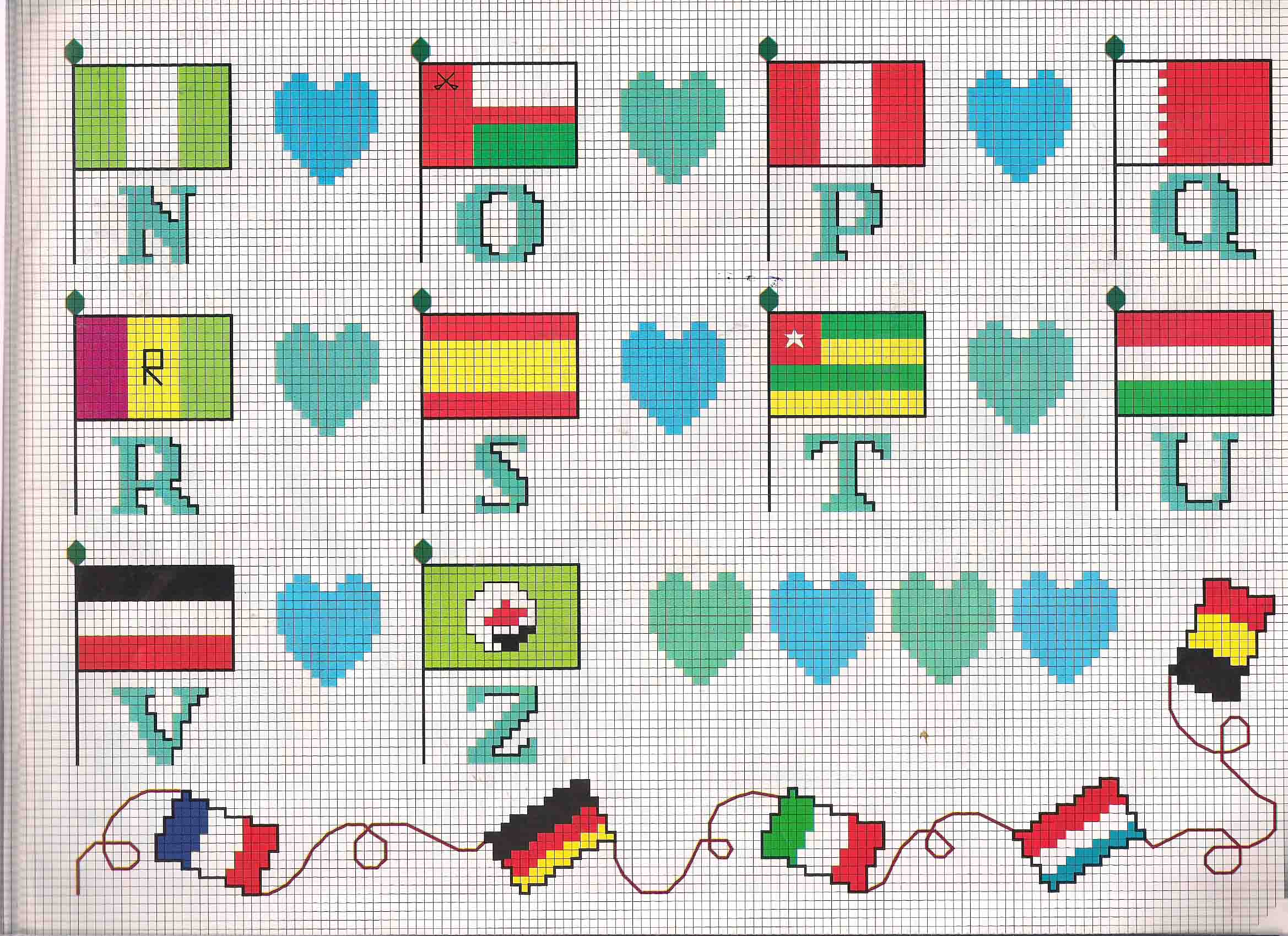 Cross stitch alphabet with the flags of countries (2)