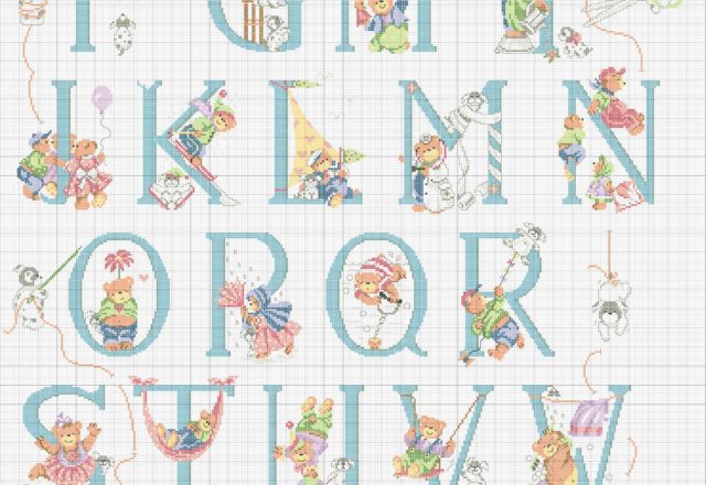 Cross stitch alphabet with various bears