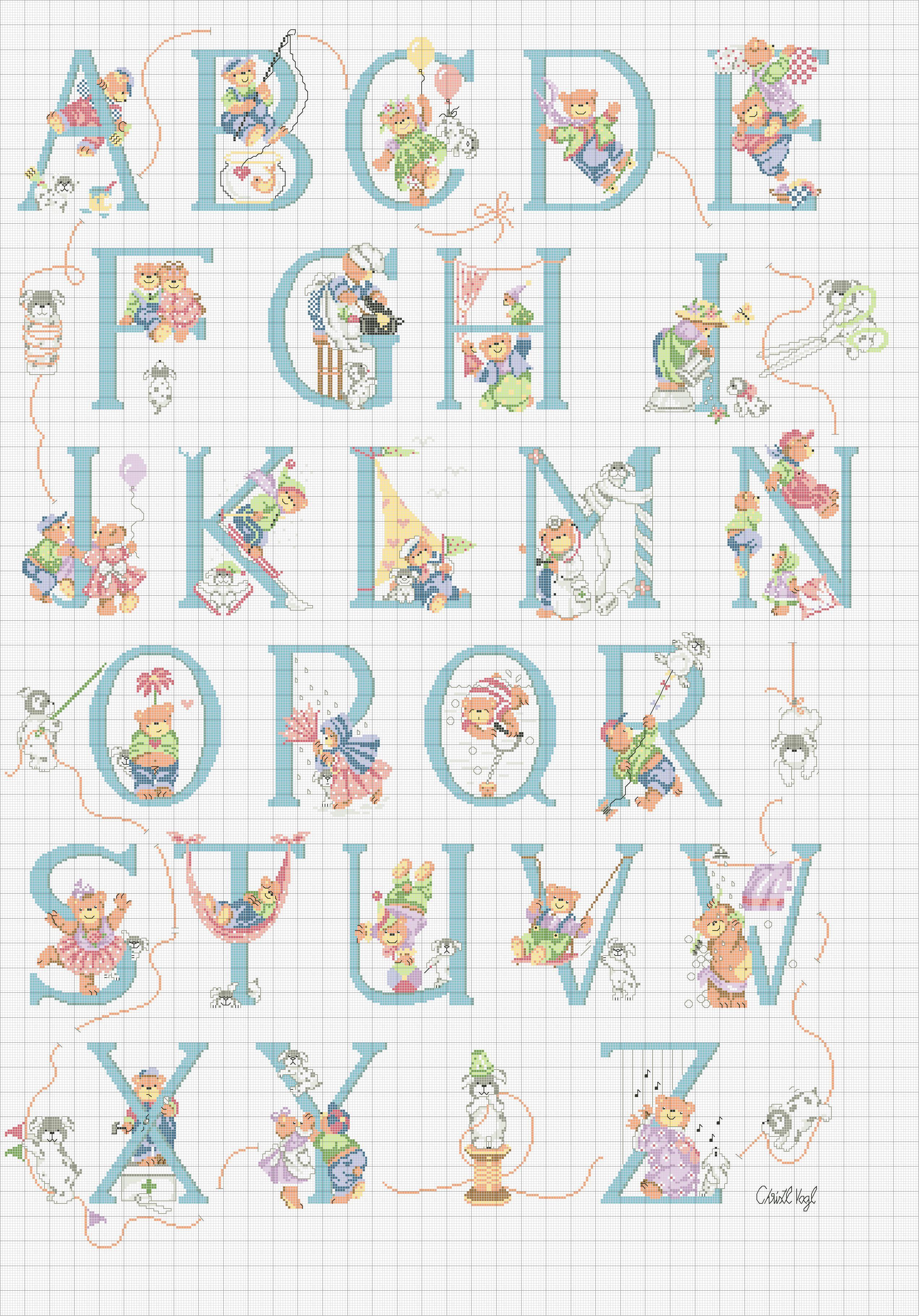 Cross stitch alphabet with various bears