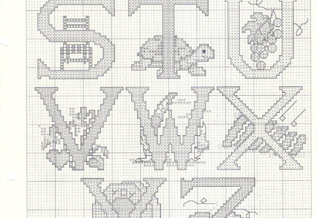 Cross stitch alphabet with various objects (3)