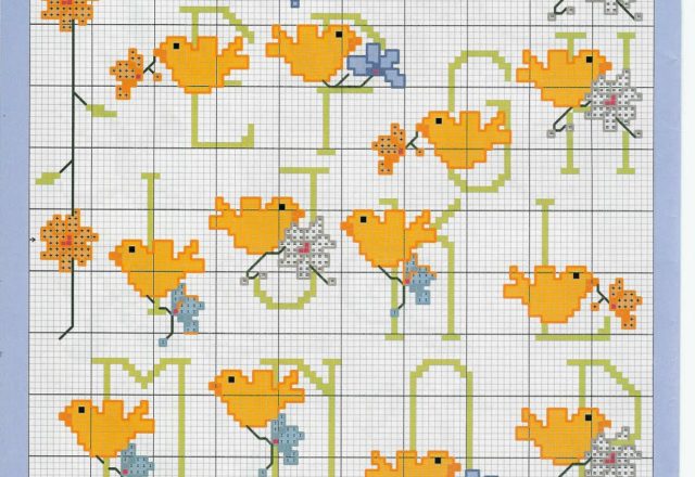 Cross stitch alphabet with yellow canaries (1)