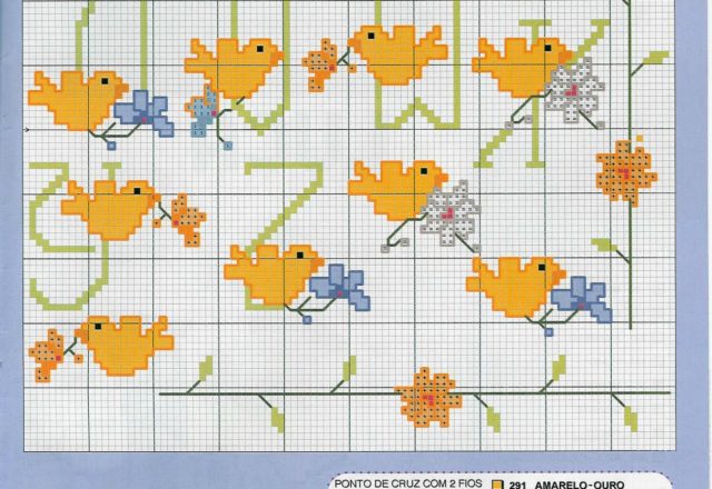 Cross stitch alphabet with yellow canaries (2)