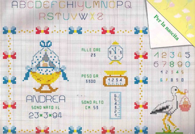 Cross stitch baby birth record with a stork and alphabet