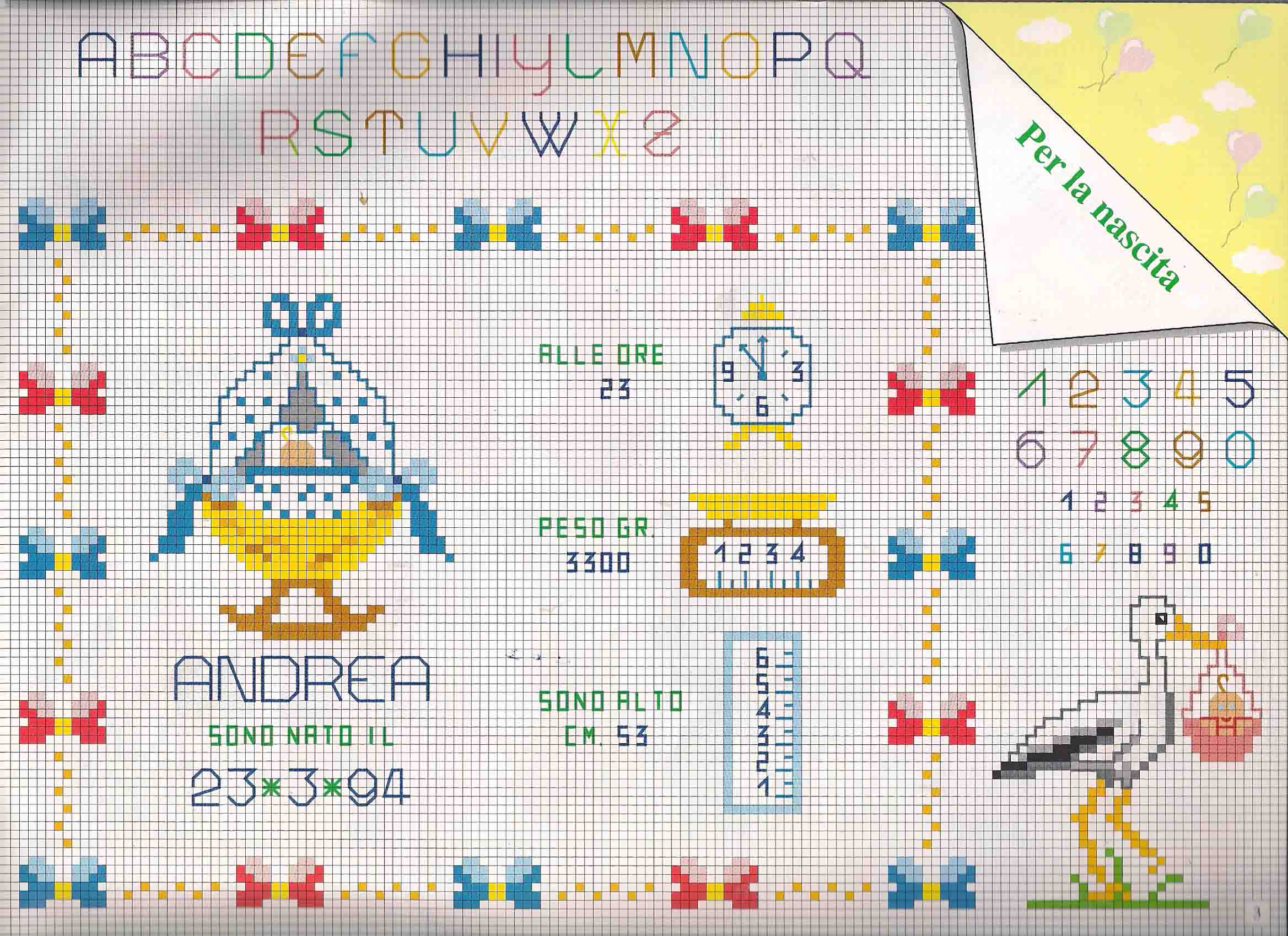 Cross stitch baby birth record with a stork and alphabet