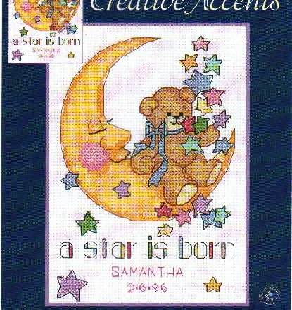 Cross stitch birth record a star is born with a teddy bear on the moon (1)