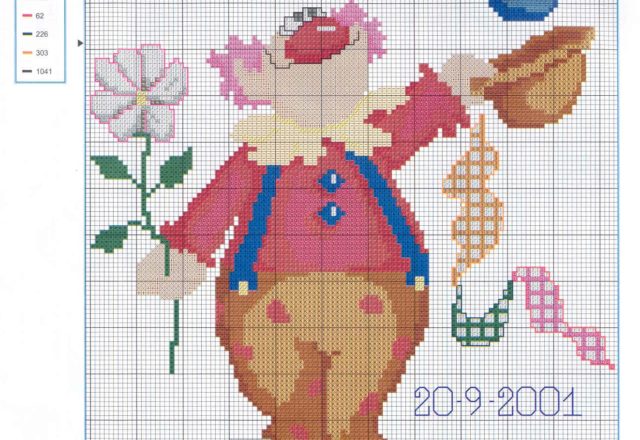 Cross stitch birth record with a clown (1)